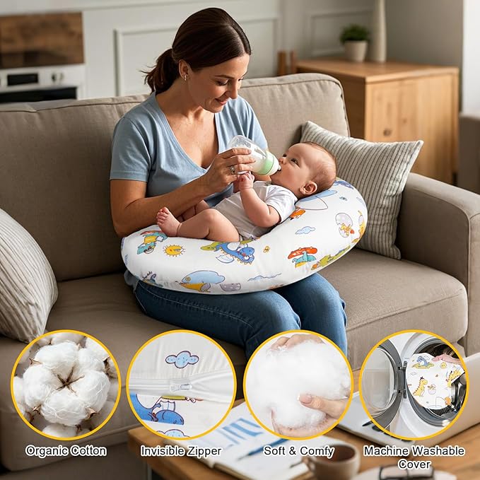 Nursing Pillow Cover, Compatible with Boppy Nursing Pillow Original Size, Breastfeeding Pillow Slipcover for Baby Boys & Girls, Organic Cotton, Machine Washable & Breathable (Dinosaurs)