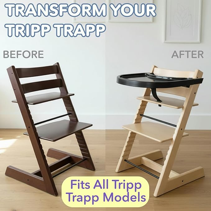 High Chair Tray for Stokke Tripp Trapp - Black - No Baby Set Needed. Suction Surface. Snap-on. BPA Free.