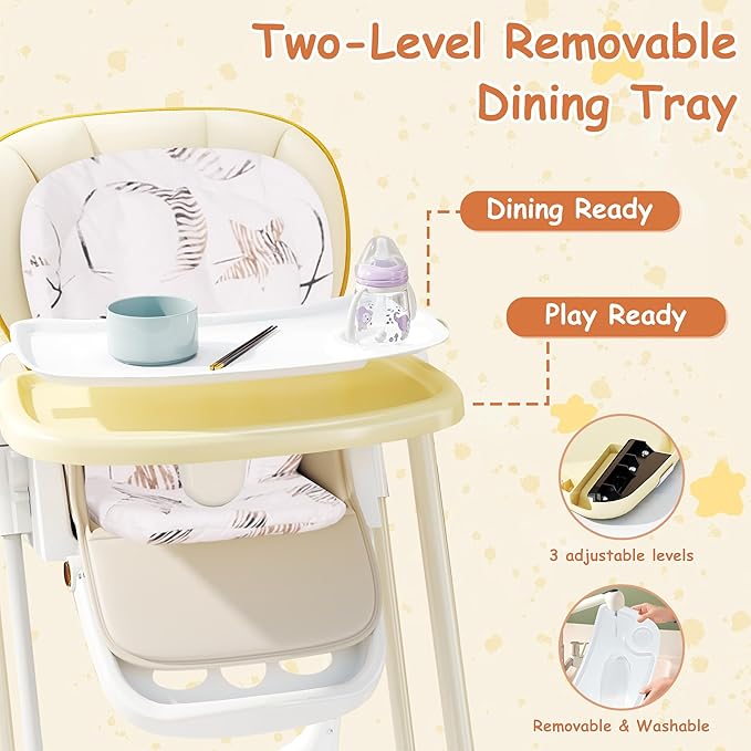 High Chairs for Babies and Toddlers, Foldable High Chair with Lockable Wheels, 4-in-1 Convertible, Adjustable Reclining Seat with Leg Rest & 5-Point Harness, Soft Cushion, Portable When Folded, Beige