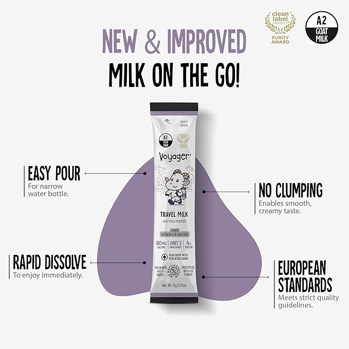 Voyager Travel Goat Milk Powder for Toddlers, Kids, Adults - On-The-Go, Easy to Digest, Whole Powdered Goat Milk with No GMO’s, No Antibiotics, No Refrigeration, 15 Sachets of 15g