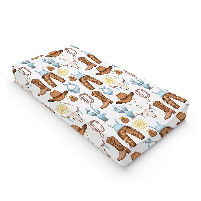 Western Cowboy Baby Changing Pad Cover for Boys & Girls 32''x16'' Desert Cowboy Hat Boot Sun Cactus Unisex Fitted Changing Table Mats Sheets Soft Breathable Cradle & Bassinet Sheets Blue