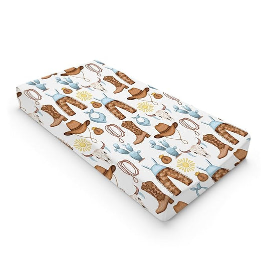 Western Cowboy Baby Changing Pad Cover for Boys & Girls 32''x16'' Desert Cowboy Hat Boot Sun Cactus Unisex Fitted Changing Table Mats Sheets Soft Breathable Cradle & Bassinet Sheets Blue