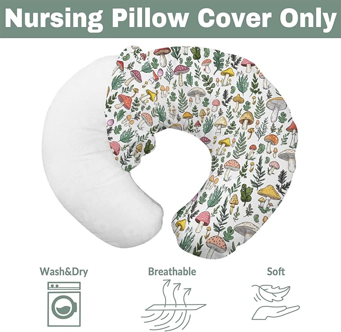 Colorful Mushrooms Green Leaves Baby Nursing Pillow Covers for Boy Girl Fall Mushroom Forest Nursing Pillowcase for Breastfeeding Pillows Autumn Soft Stretchy Slipcovers for Newborn Infant
