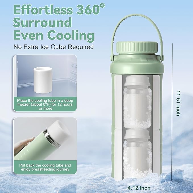 Portable Breast Milk Cooler Bottle - Mothers Day Gift 22oz Capacity Breastmilk Chiller for Travel, 360° Cooling Keeps Milk Fresh for 24 Hours, Breastfeeding Essentials with 2pcs Bottle for Storage