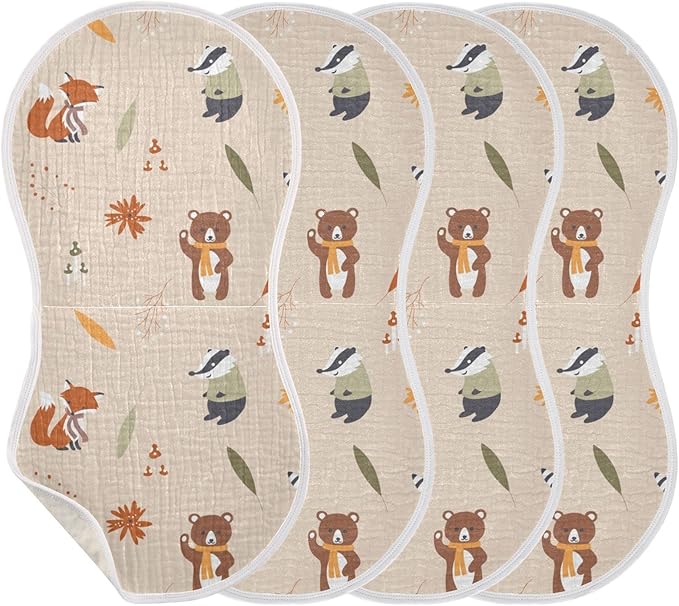 Fox Bear Raccoons Mushroom Leaf Flower Muslin Burp Cloths for Baby 4 Pack 100% Cotton Baby Washcloths Bibs for Boy Girl