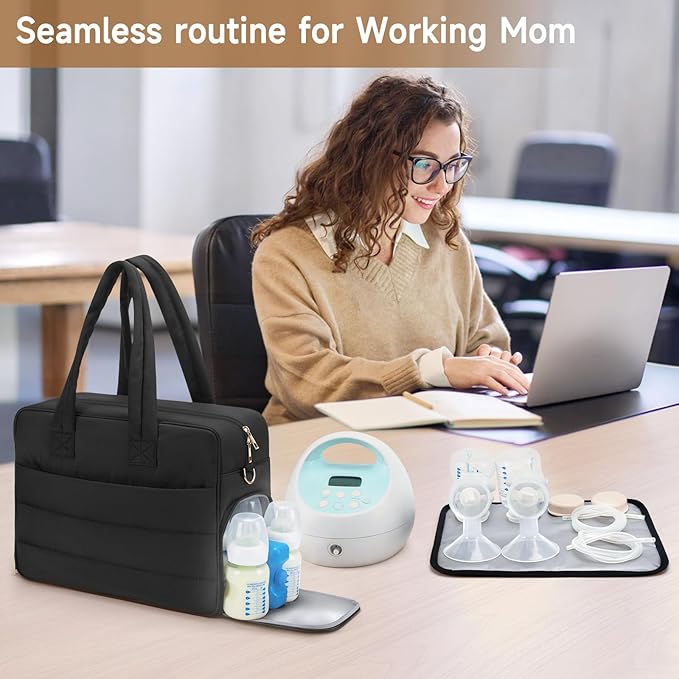 Breast Pump Bag with Insulated Breast Milk Cooler Pocket, Fits Spectra S1/S2 & Most Pumps, Water‑Resistant Work & Travel Tote with 15.6" Laptop Sleeve, Stroller Straps, Luggage Sleeve & Ice Pack