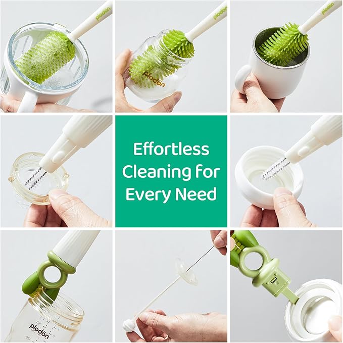 Detachable 5-in-1 Bottle Cleaning Brush Set - Silicone Baby Bottle Brush Cleaner Kit with Nipple Brush, Detail Brush & Straw Brush, Portable Long Handle Bottles Scrubber Cleaning Tool
