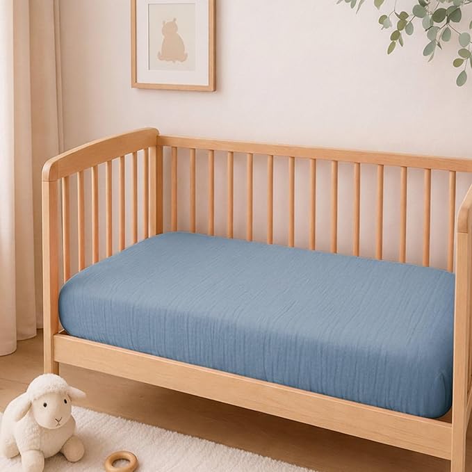 2 Pack Muslin Crib Sheets for Boys & Girl- Neutral Breathable Cotton Crib Mattress Sheets Fitted for Standard 28"x 52"- Nursery Décor No Slip Bed Sheets- Dustyblue & Blue