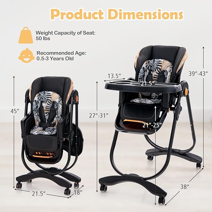 HONEY JOY Baby High Chair, Foldable High Chairs for Babies and Toddlers, Adjustable Heights, Recline Backrest & Footrest, Double-Layer Tray & Cushion, Portable Infant Highchair with Wheels (Black)