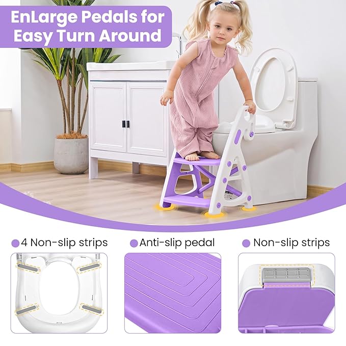 Potty Training Seat, Primlect Upgrade Ultra-Stable Toddler Toilet Seat for Kids Boys Girls, 2 in 1 Potty Training Toilet with Step Stool, Adjustable Seat and Ladder, Non-Slip Pad, Splash Guard(Purple