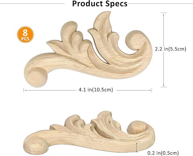 8Pcs Decorative Wood Flower Carved Appliques Corner Onlay 2.1×4.1inch DIY Unpainted Wooden Carved Corner Decal for Furniture Wardrobe Mirror Photo Frame Closet Decoration