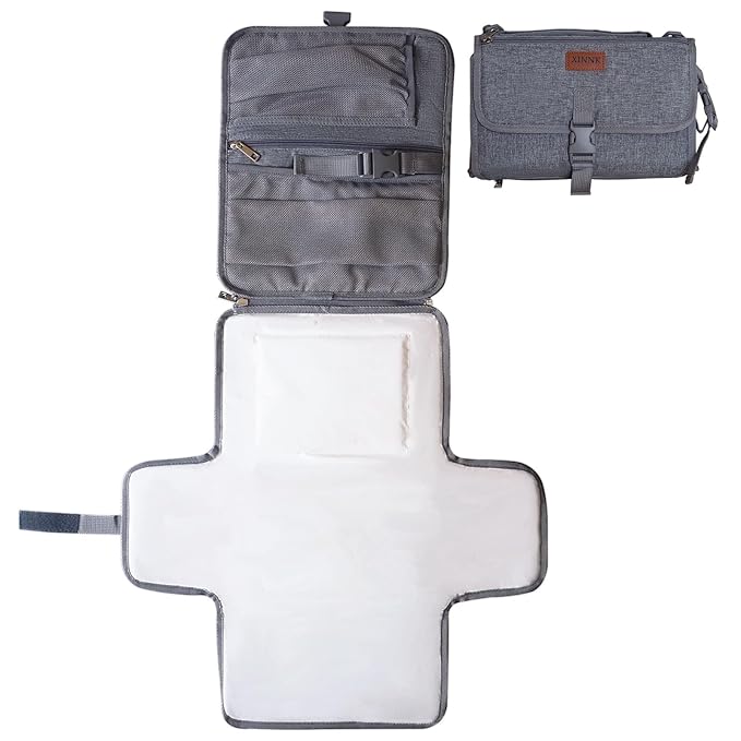 Portable Changing Pad for Baby, Travel Diaper Changing Pad for Newborn, Waterproof Baby Changing Mat, Foldable & Detachable Diaper Changing Station with Baby Wipes Pockets(Grey)