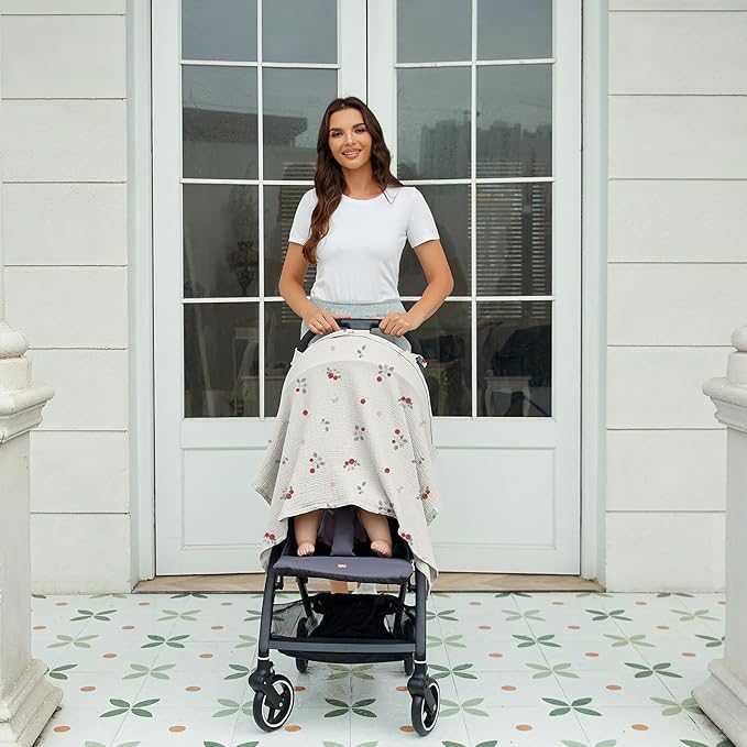 Muslin Nursing Cover for Baby Breastfeeding, Breathable 100% Cotton Breastfeeding Cover with Rigid Hoop for Mother Nursing Apron (Strawberry Whisper)