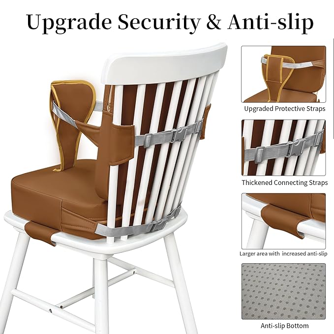 Eiury Toddler Booster Seat for Dining Table – Non-Slip PU Waterproof Cushion with Backrest & Adjustable Straps, Portable Baby Booster Seat (Brown)