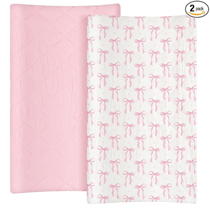 Frienda 2 Pack Pink Changing Pad Covers Waterproof Pink Bow Muslin Changing Pad Covers 32 x 16 Inch Coquette Quilted Cotton Fitted Diaper Sheet Breathable Extra Thick Sheets for Girls