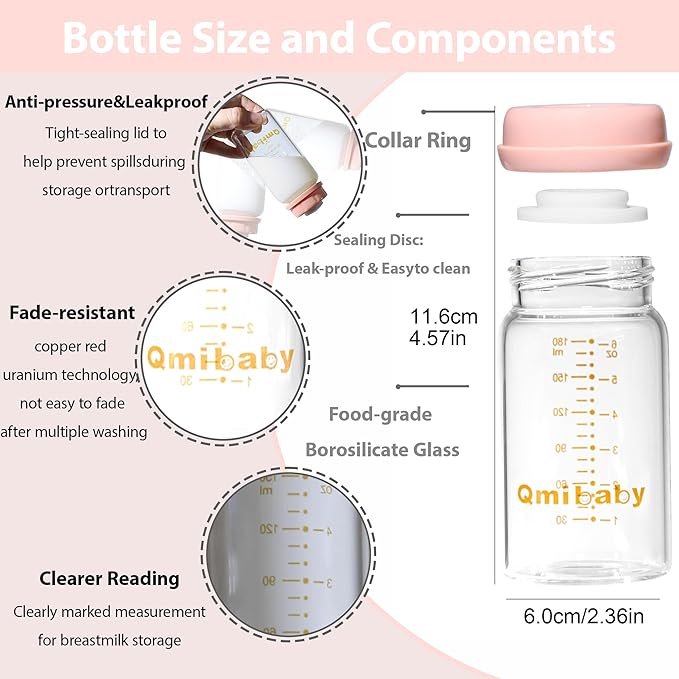 Baby Bottle, Wide-Neck, BPA Free Breast Milk Container, 6 oz 180ml, 2 PCS Storage Collection Bottle for Fridge & Milk Cooler Leak-Proof, Breastfeeding Essential Color Pink