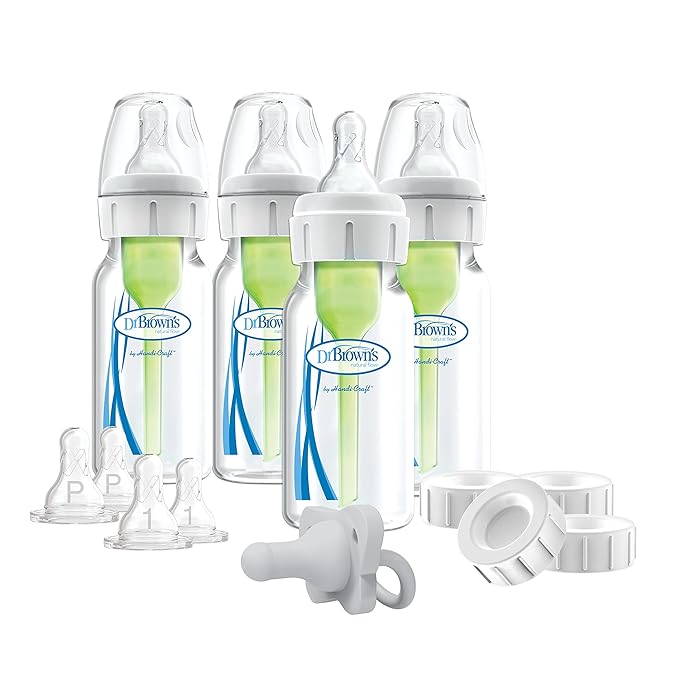 Dr. Brown's Anti-Colic Breast to Bottle Feeding Set with Slow Flow Nipples, Travel Caps, and Silicone Pacifier - Gray & Soft Touch Bottle Brush, Blue