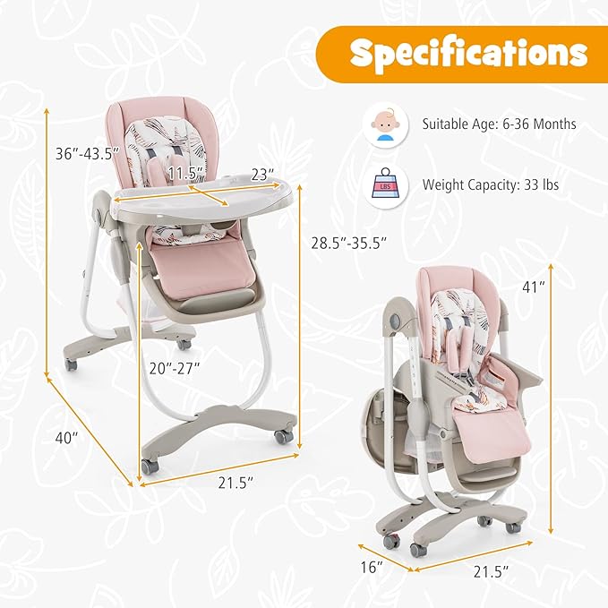 BABY JOY High Chair, Foldable Baby High Chair with Adjustable Height, Recline & Footrest, Double Removable Tray, Storage Basket, Portable Chair with Wheels for Babies & Toddlers (Pink)