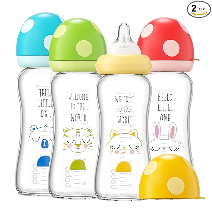 YOHKOH Natural Glass Baby Bottle with Level 2 Medium Flow Nipple, Newborn Anti-Colic Baby Bottles, Wide Neck Mushroom Baby Glass Bottle (8.8ounce (Pack of 4), Multicolour1)