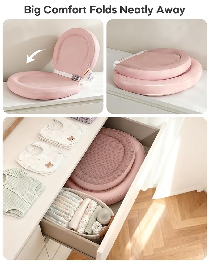 Baby Changing Pad, Waterproof Wipe-Clean Non-Slip Foldable PU Surface with Adjustable Safety Belt, Compatible with Dresser & Changing Table, 30"X18", Pink