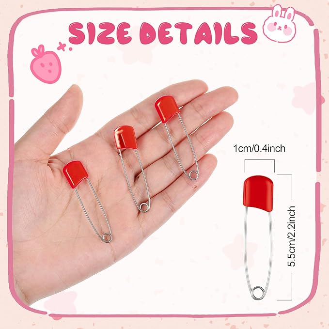 WILLBOND 8 Pcs Safety Pins 2.2 Inch Plastic Head Cloth Pins with Locking Closures Stainless Steel with Velvet Bag, Red