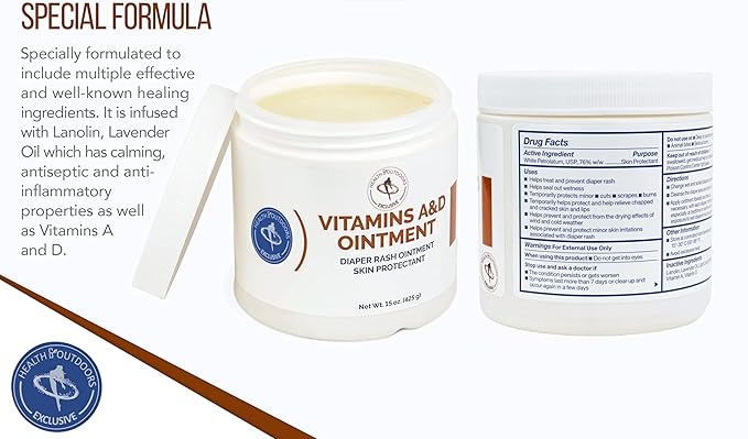 Vitamin A & D Ointment 15 Oz Jar (2 Count) Skin Protectant for First Aid, Cuts, Burns, Chaffing, Dry Skin Wounds and Scrapes
