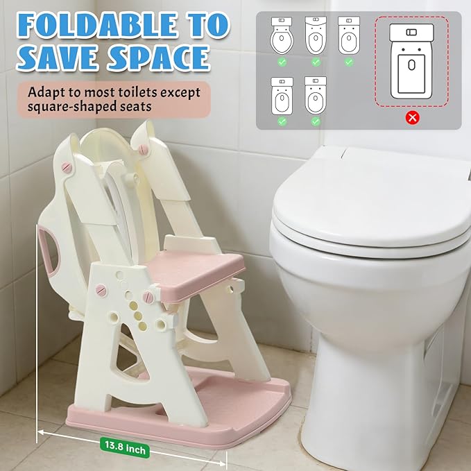 Potty Training Toilet Seat, Stable Potty Training Seat with Step Stool, 2 in 1 Toddler Toilet Seat with Steps for Kids Boys Girls, Toddler Potty Seat with Ladder, Splash Guard, Anti-Slip Pads (Pink)