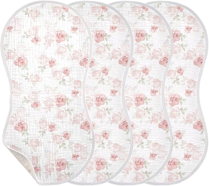 Pink Roses Baby Muslin Burp Cloths Set of 4 Beautiful Flower Leaves Muslin Washcloths Western Desert Milk Spit Up Rags Soft Newborn Towel for Unisex Boys and Girls, 22 x 11 Inch