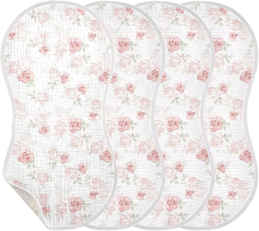 Pink Roses Baby Muslin Burp Cloths Set of 4 Beautiful Flower Leaves Muslin Washcloths Western Desert Milk Spit Up Rags Soft Newborn Towel for Unisex Boys and Girls, 22 x 11 Inch