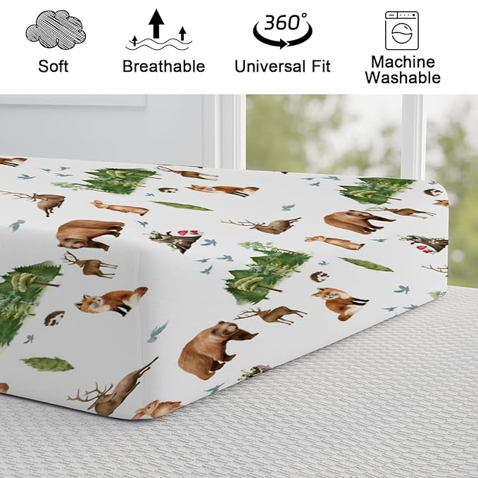 Cartoon Animals Baby Changing Pad Covers Cute Bear Deer Hedgehog Rabbit Birds Trees Mountain Diaper Change Table Pad Cover for Boys Girls Soft Stretchy Fitted Changing Mat Sheets 32''x16''