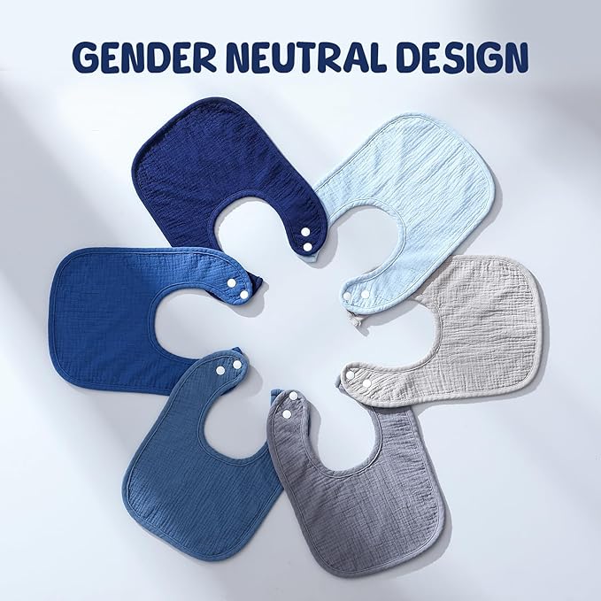 POIKSHARK 6-Pack Muslin Baby Bibs for Unisex Boys Girls, Cotton Baby Drool Bibs, Drooling and Teething Bibs for Infant