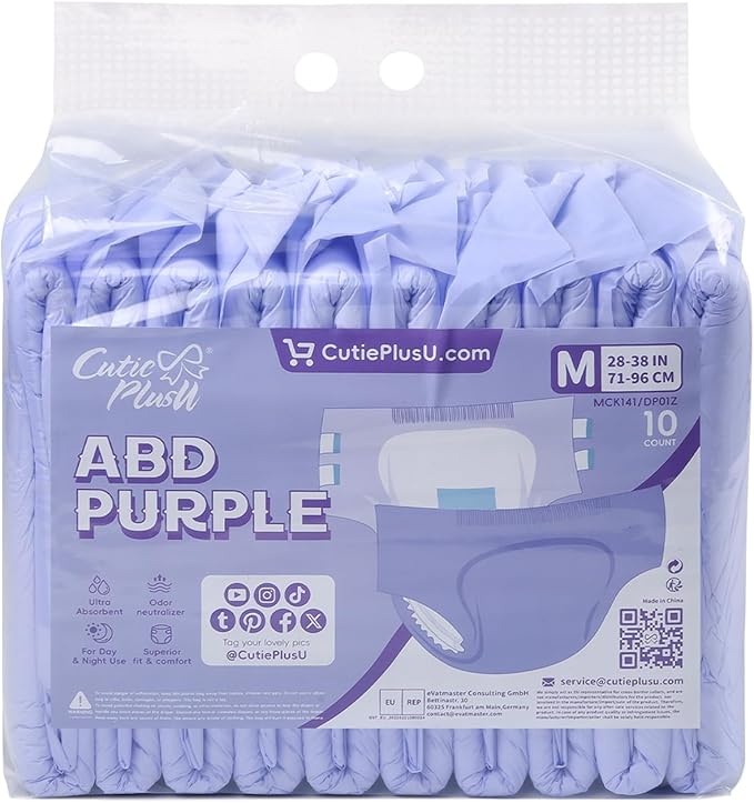 CutiePlusU Disposable Adult Diaper Heavy Absorption Dry Surface All Night- Purple 10 Pieces (Medium 28"-38")
