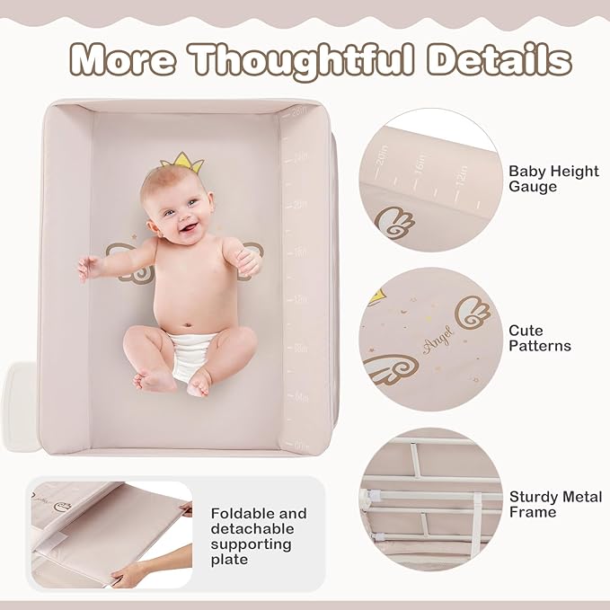 HONEY JOY Changing Table, Folding Mobile Nursery Organizer w/Wheels, Adjustable Height, Storage Bag & Open Shelf, Portable Diaper Changing Station for Newborn Infant (Beige, 32"x26"x39.5")