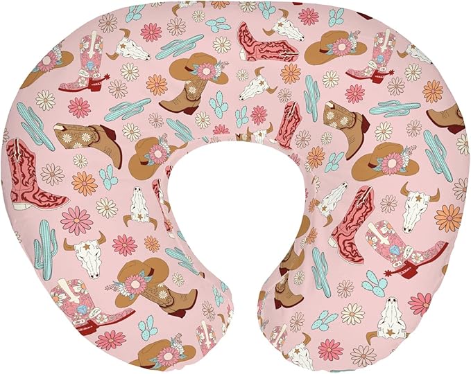 Boho Western Cowgirl Baby Nursing Pillow Covers for Girl Pink Cowgirls Boots Hat Cactus Floral Cow Skulls Nursery Slipcovers for Breastfeeding Pillows Wild West Soft Stretchy Cover for Newborn Infant