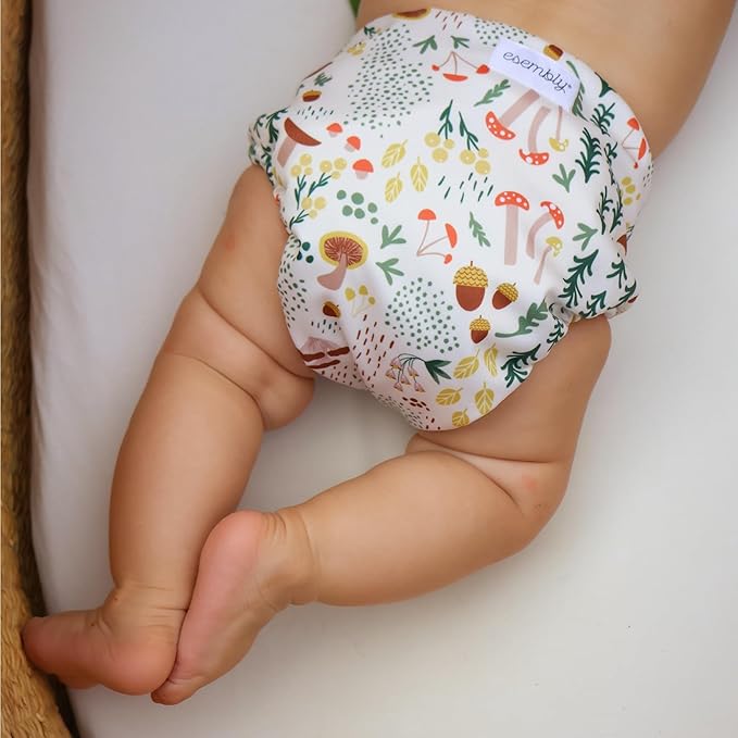 Esembly Cloth Diaper Bundle Set - 3 Organic Cotton Absorbent Inners and 1 Waterproof Outer Diaper Cover - Reusable, Washable, Snap Closure Cloth Diapers - Size 2 (18-35lbs), Fantastic Fungi