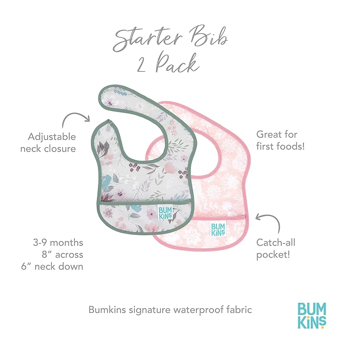 Bumkins Bibs, for Baby Girl or Boy, Infant 3-9 Months, Essential Must Have for Eating, Feeding, Baby Led Weaning, Mess Saving Waterproof Soft Fabric, Starter Bib 2-pk Floral and Lace Gray and Pink