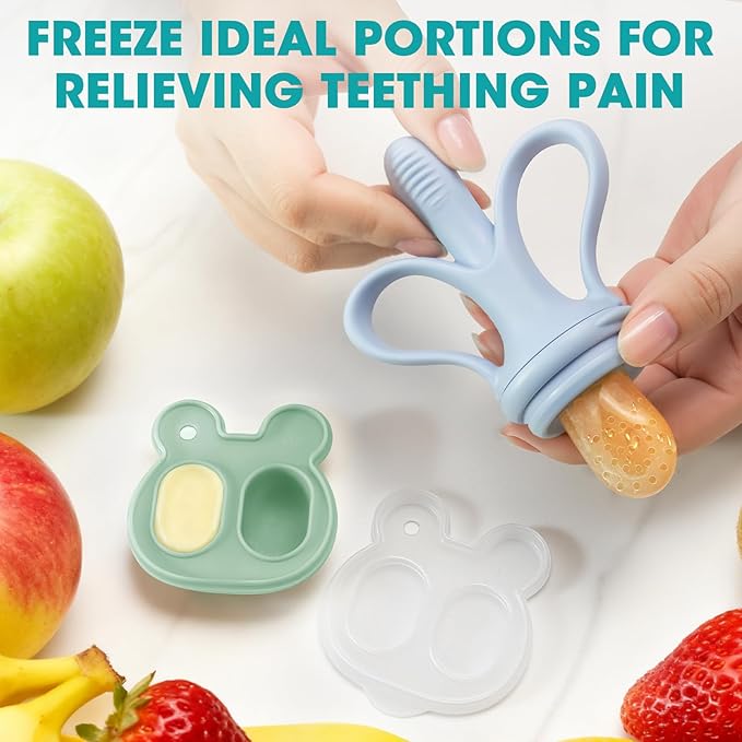 JEXFUN Baby Fruit Feeder & Breastmilk Popsicle Mold Set, Silicone Food Feeder Pacifier for Cooling Relief with 3 Replaceable Pouches, BPA-Free Teething Toy for Safe Infant Self Feeding (Sky Blue)