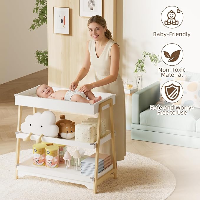 KORIMEFA Baby Changing Table with Two Open Shelves for Infant Daycare Essentials Storage - White with Natural Wood Legs