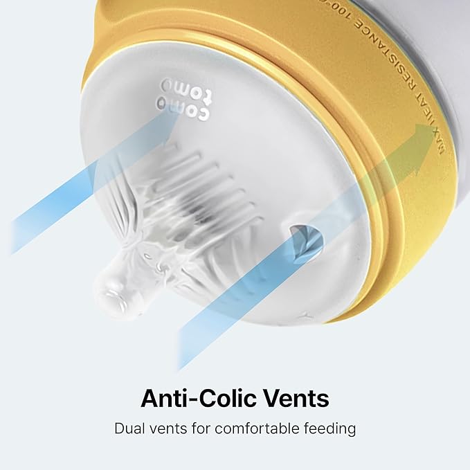 Comotomo Silicone Baby Bottle Gen 2 – 2026 Release (5oz) – True Slow-Flow Nipple for Newborn Feeding (0-3 Months) with Dual Anti Colic Vents for Breast to Bottle Transition, Yellow (Double Pack)