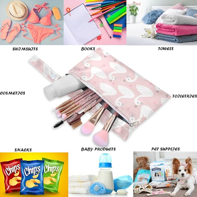 visesunny Cute Swan Heart 2Pcs Wet Bag with Zippered Pockets Washable Reusable Roomy Diaper Bag for Travel,Beach,Pool,Daycare,Stroller,Diapers,Dirty Gym Clothes, Wet Swimsuits, Toiletries