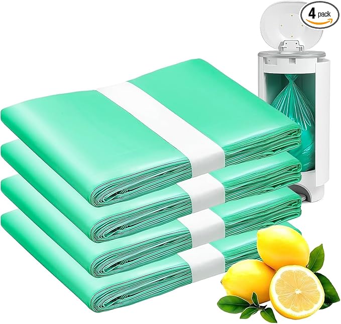 Compatible with Diaper Dekor CLASSIC Diaper Pail Refills | Adult Disposal Bags 4 Pack | Continuous Long-Roll Odor-Control Liners | Lemon Scented | Extra Thick & Durable