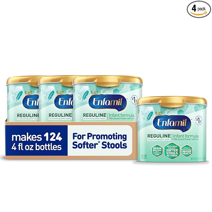 Enfamil Reguline Baby Formula, Designed for Soft, Comfortable Stools, with Omega-3 DHA & Probiotics for Immune Support, Reusable Powder Tub, 19.5 Ounce (Pack of 4)