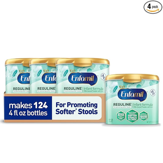 Enfamil Reguline Baby Formula, Designed for Soft, Comfortable Stools, with Omega-3 DHA & Probiotics for Immune Support, Reusable Powder Tub, 19.5 Ounce (Pack of 4)