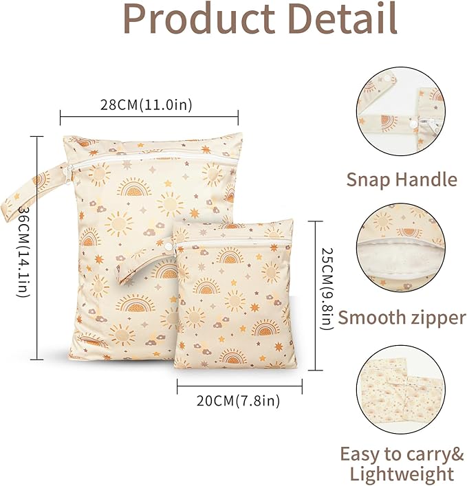 2 Pcs Wet Bags Waterproof Reusable Zippered Pocket Cloth Diaper Wet Dry Bags for Travel Beach Pool Swim, Baby Diapers,Gym Yoga Wet Clothes,Swimsuit,water wipes (Moon Star)