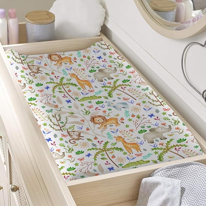 Safari Jungle Animals Trees Changing Pad Cover Lion Elephant Giraffe Monkey Hippo Sun Leaves Baby Diaper Change Table Sheets for Boy Girl Soft Breathable Stretch Fitted Changing Table Mats 32''x16''