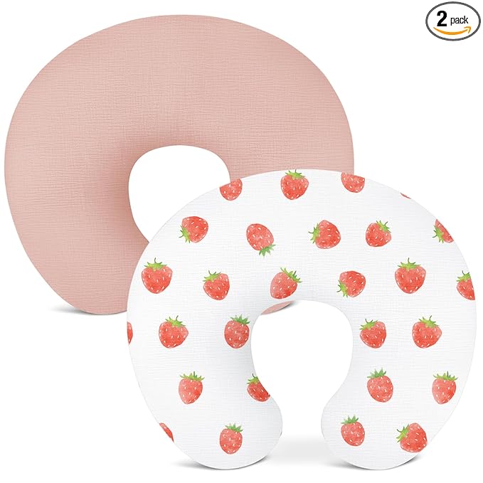 Nursing Pillow Covers 2 Pack, Muslin Nursing Cover for Breastfeeding Pillows, Comfortable for Baby Girls and Boys (Strawberry & Pale Pink)