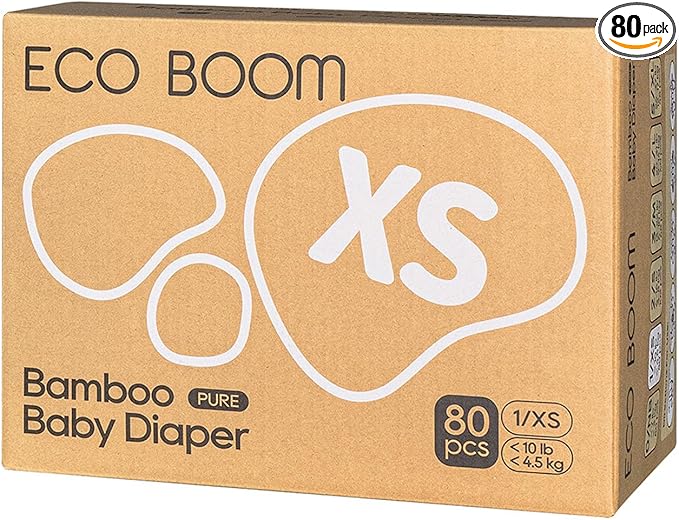 ECO BOOM Newborn Diapers, Natural Soft Disposable Nappies for Infant, Hypoallergenic, Size 1 Suitable for up to 10 lbs (X-Small - 80 Count)