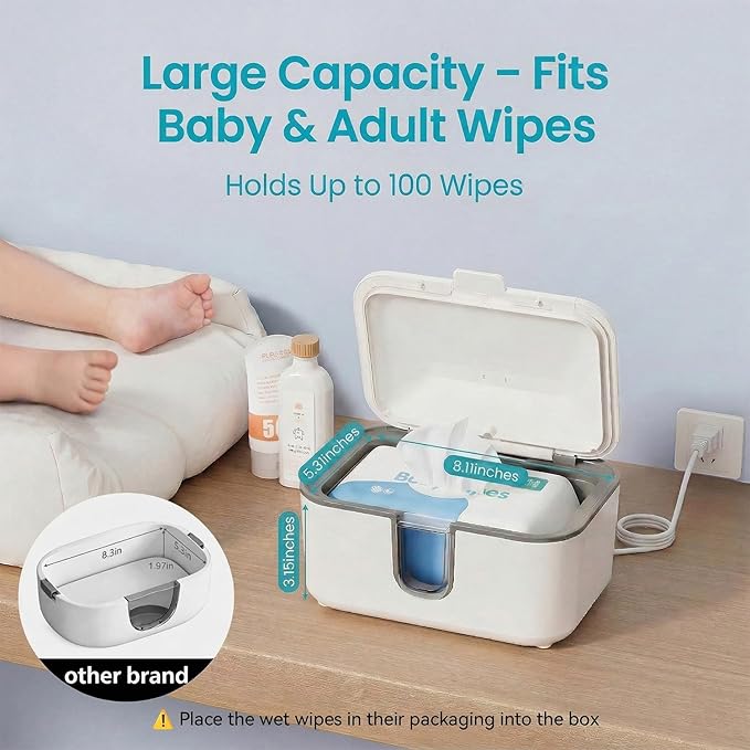 Wipe Warmer for Adult Size Wipes, Baby Wipes Warmer, Large Capacity Wet Wipes Dispenser with UV Sanitizer, Adjustable Temperature, Night Light, Silent Heating, Diaper Wipe Warmer, White