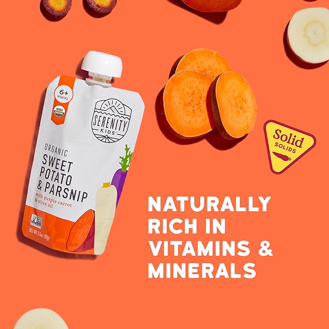 Serenity Kids 6+ Months Veggie Puree Baby Food Pouches - USDA Organic Baby Snacks - No Added Sugar Toddler Food - 1 Serving of Veggies for Toddler Snack - Sweet Potato & Parsnip - 3.5 Oz, Pack of 6
