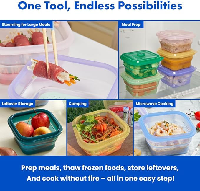 PushLock Collapsible Food Storage Container&Smart Cooking Steam Tray, Space-Saving, Platinum Silicone, Microwave&Freezer&Dishwasher Safe, for Cooking&Leftovers, BPA-Free, 60oz per Unit (PINK&RED)